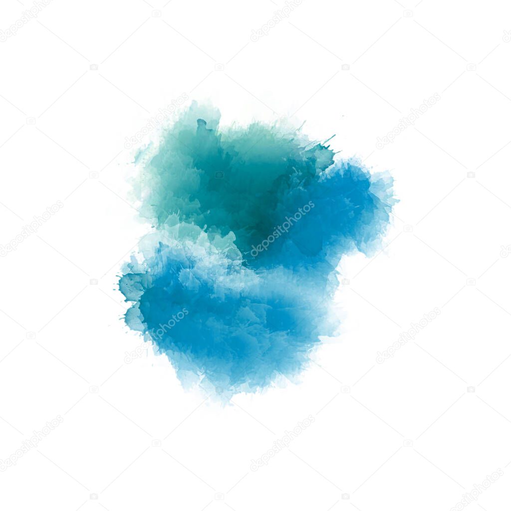 Digital drawing in shades of cyan and blue. Multicolored paint mixure isolated on white background. Abstract watercolor texture. Contemporary art