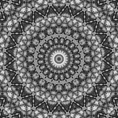 Çiçeksel kaleydoskopik desen. Tek renkli geometrik süsleme. Mandala. Soyut siyah beyaz arkaplan