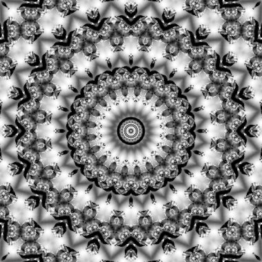 Çiçeksel kaleydoskopik desen. Tek renkli geometrik süsleme. Mandala. Soyut siyah beyaz arkaplan