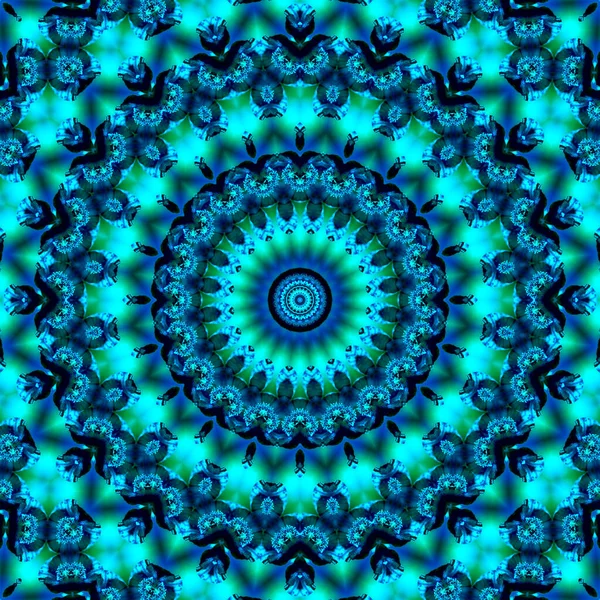 Blommigt Kalejdoskopiskt Mönster Geometrisk Prydnad Mandala Abstrakt Bakgrund Blå Och — Stockfoto