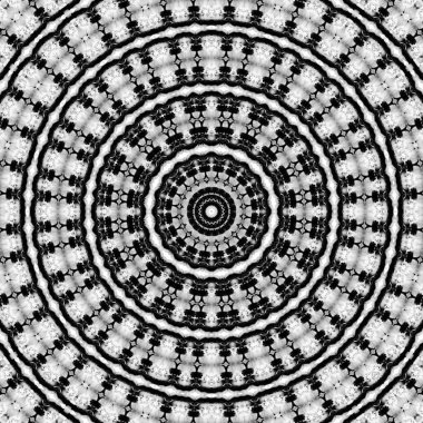 Çiçeksel kaleydoskopik desen. Tek renkli geometrik süsleme. Mandala. Soyut siyah beyaz arkaplan