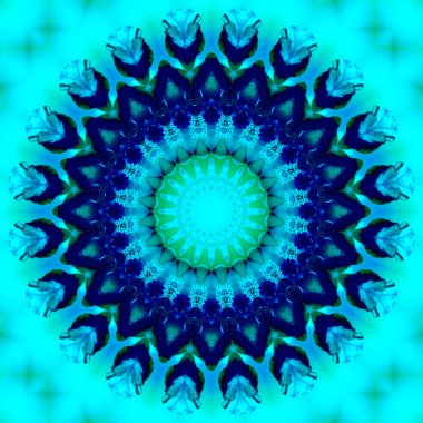 Çiçeksel kaleydoskopik desen. Geometrik süs. Mandala. Mavi ve yeşil tonlarda soyut arkaplan