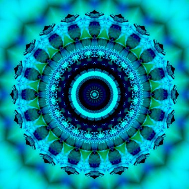 Çiçeksel kaleydoskopik desen. Geometrik süs. Mandala. Mavi ve yeşil tonlarda soyut arkaplan