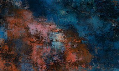Mavi ve kırmızı tonlarda soyut resim. Fırça darbeleri, boya lekeleri. Çok renkli bir arka plan. Boyanmış ruj dokusu. Sanatsal tuval. Modern sanat. 