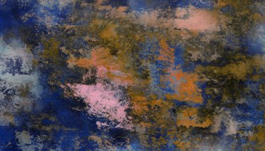 Mavi ve turuncu tonlarda soyut resim. Fırça darbeleri, boya lekeleri. Çok renkli bir arka plan. Boyanmış ruj dokusu. Sanatsal tuval. Modern sanat. 