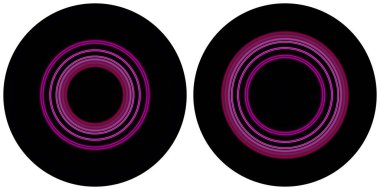Beyaz arkaplanda izole edilmiş 2 parlak soyut renk çemberinden oluşan bir set. Dairesel çizgiler, mor tonlarda radyal çizgili doku. Yuvarlak desen