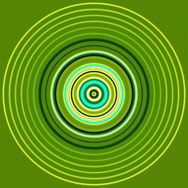 Renkli soyut parlak daire arkaplanı. Dairesel çizgiler, yeşil ve sarı tonlarda radyal çizgiler. Yuvarlak desen