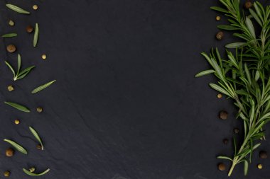 Biberiye filizi ve tüm baharat tohumları bir taş tahtanın üzerine serilir. Resim ürünleri fotoğrafı.