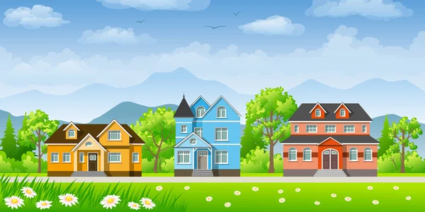 Landscape with three classic houses — Stock Vector