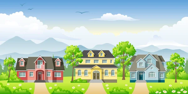 Landscape with three classic houses — Stock Vector