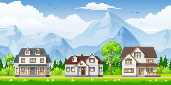 Paisaje con tres casas clásicas — Vector de stock