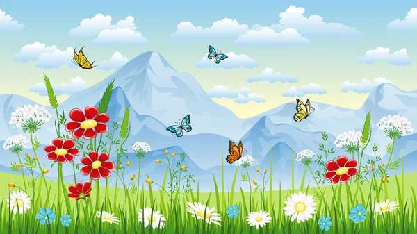 Florale achtergrond met vlinders en bergen — Stockvector