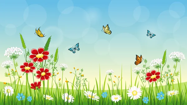 Fondo de flores con mariposas — Vector de stock