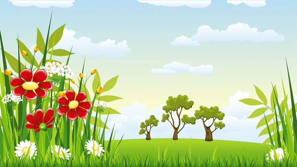 Illustration einer Landschaft mit Blumen — Stockvektor