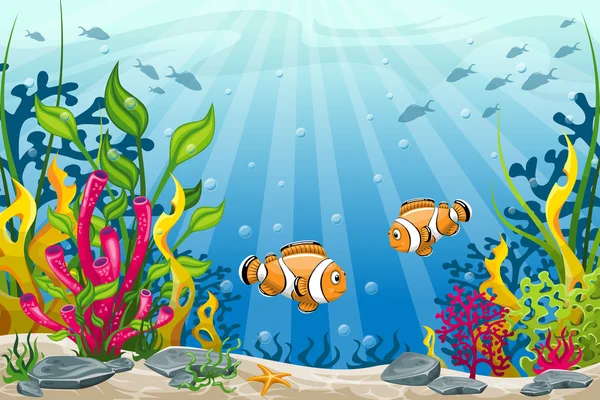 Illustrazione del paesaggio sottomarino con pesci pagliaccio — Vettoriale Stock