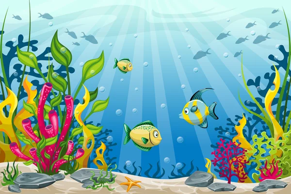 수 중 풍경 물고기와 돌의 그림 — 스톡 벡터