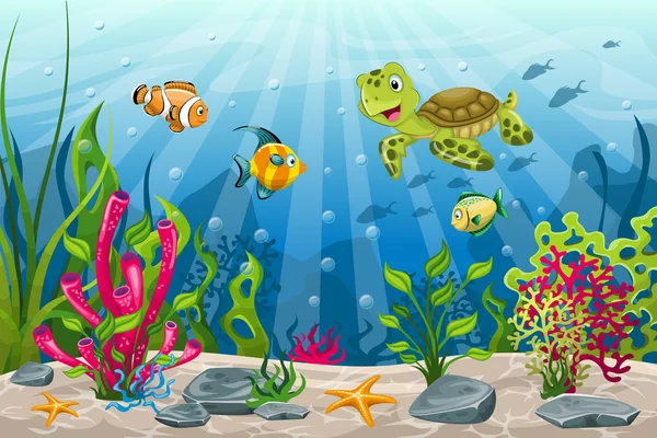 Illustrazione del paesaggio sottomarino con tartaruga e pesce — Vettoriale Stock
