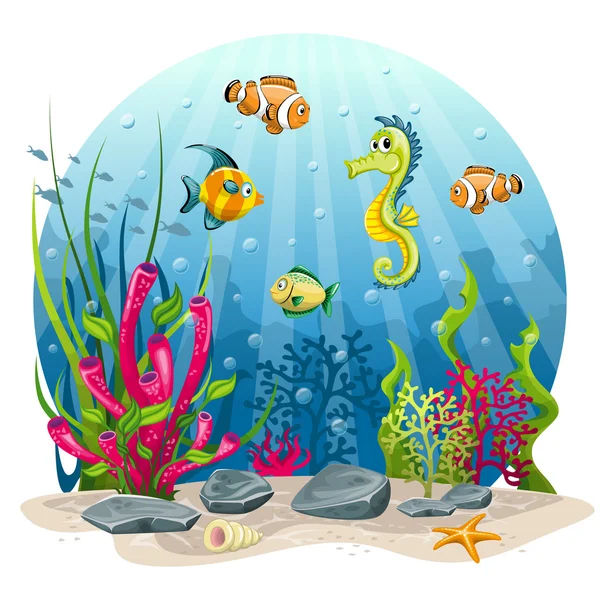 Cavalluccio marino e pesce in mare — Vettoriale Stock