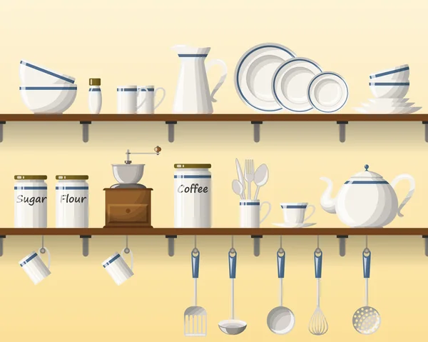 Keuken schappen met serviesgoed, naadloze, deel 1 van 4 — Stockvector