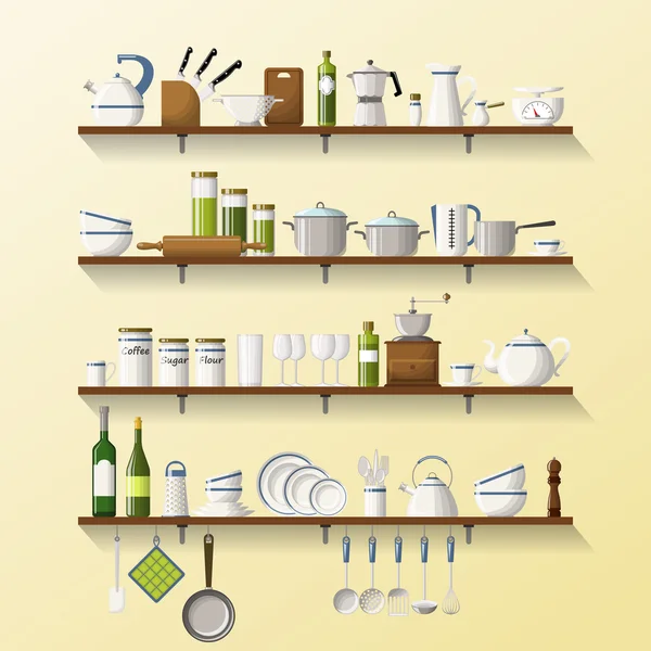 Kitchen shelves with dishes and pots — Stock Vector