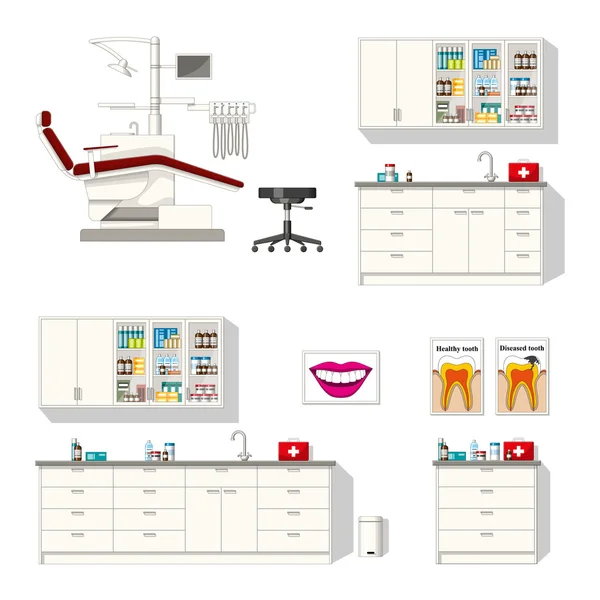 Set of different furniture for a dentist — Stock Vector