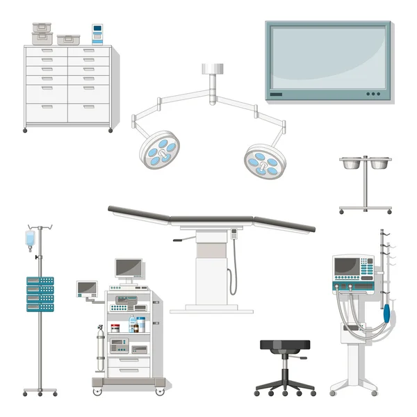 Conjunto com mobiliário médico e equipamentos de uma sala de cirurgia —  Vetores de Stock
