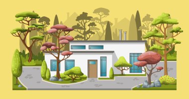 Ağaçları ile modern bir müstakil ev çizimi