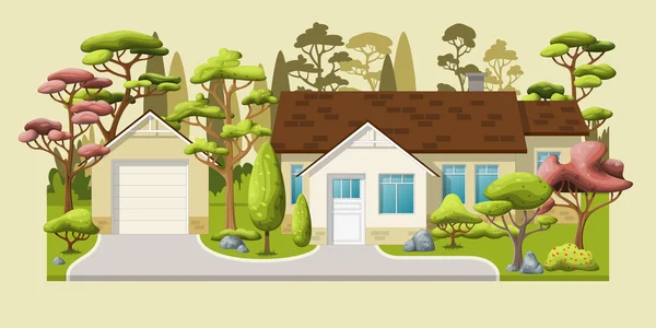 Ilustração de uma casa de família clássica com árvores —  Vetores de Stock