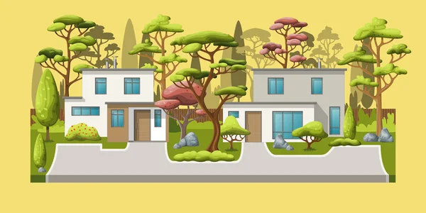 Illustration zweier moderner Einfamilienhäuser mit Bäumen — Stockvektor