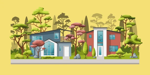 Illustration de deux maisons familiales modernes avec arbres — Image vectorielle