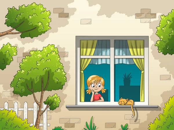 Девочка выглядывает из окна — стоковый вектор