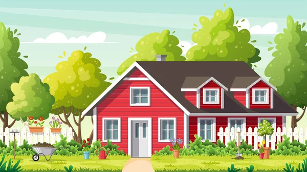 Red House In Summer Landscape — Stock Vector
