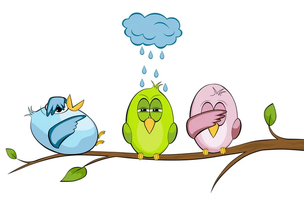 Three funny birds on a branch — Stock Vector