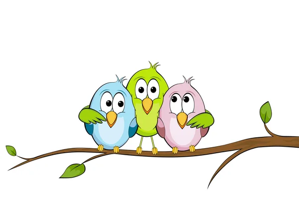 Three funny birds on a branch — Stock Vector