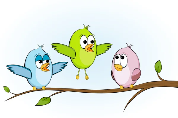 Three funny birds on a branch — Stock Vector