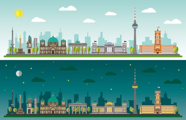 Skyline de Berlín de día y de noche — Vector de stock