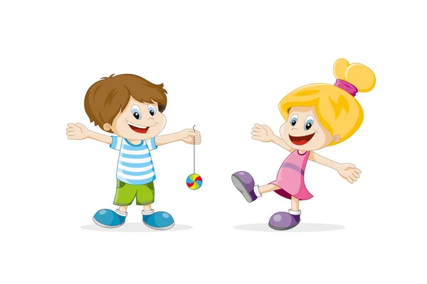 Deux enfants heureux dessin animé jouer — Image vectorielle