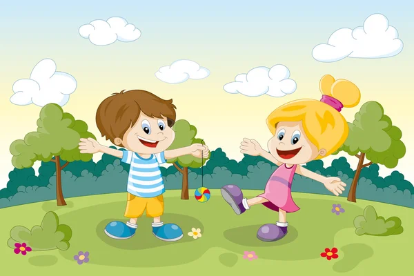 Doi copii se joacă pe o pajiște — Vector de stoc