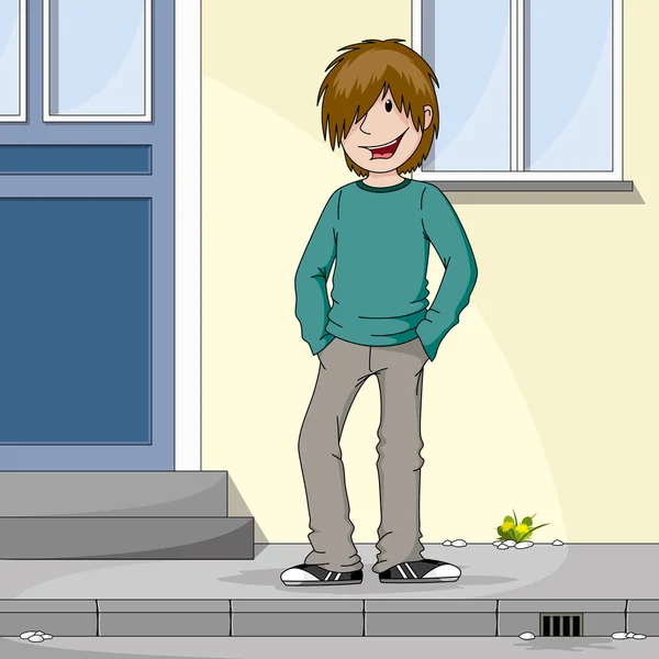 Boy standing in the street in front of a house — Stock Vector