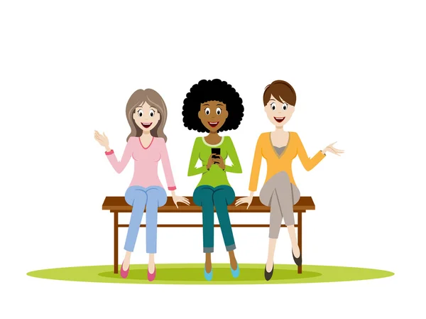 Drei Mädchen sitzen auf einer Bank — Stockvektor