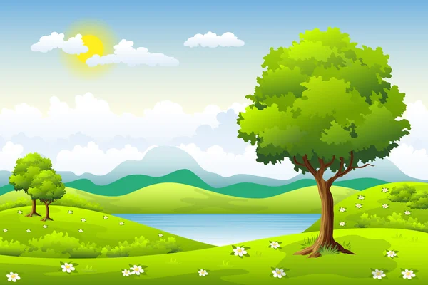 Paisaje de verano con flores y árboles — Vector de stock