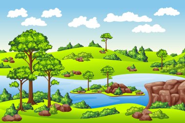 Yaz, yatay, çayır, kayalar ve ağaçlar