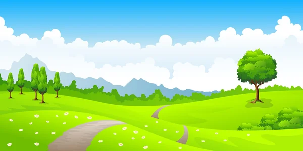 Paisaje de verano con flores de pradera y montañas — Vector de stock