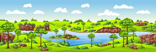 Yaz panoramik manzara meadows, kayalar ve ağaçlar