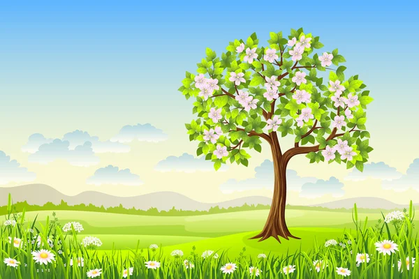 Paisaje primaveral con flores y árboles — Vector de stock