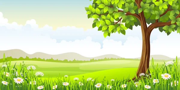 Paisaje de verano con árboles y flores — Vector de stock