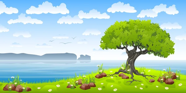 Paisaje costero con árboles y flores — Vector de stock