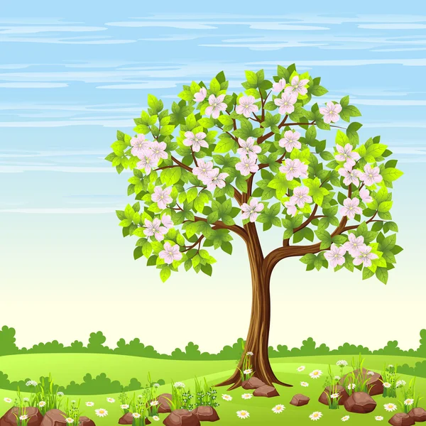 Paisaje de primavera con árboles y flores — Vector de stock