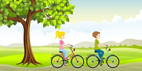 Two people ride a bike through the countryside — Stock Vector