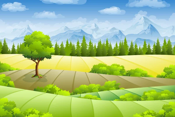 Sommerlandschaft mit Feldern, Bäumen und Bergen — Stockvektor